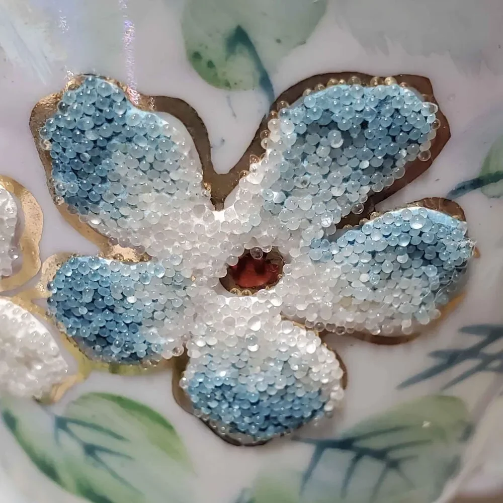 EFCCO Teacup and Saucer Blue White Textured Flowers Reticulated Opalescent